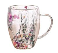 Glass Water Cup, Built-in Dried Flowers Handle, Heat Resistant Clear Glass