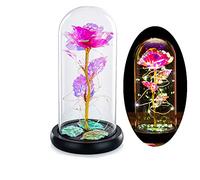 Glasseam La Bella E La Bestia Rosa in Cupola di Vetro con Luci A LED Bianche Calde Fiori di Cristallo Eterni Incantati per Sempre Regalo di Compleanno per Lei per L'anniversario