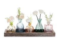 Glasseam Piccolo Vaso di Vetro per La Casa: 5 Vasi Colorati con Vassoio di Legno per Il Centrotavola del Soggiorno E Dell'Ufficio - Set di Vasi di Fiori di Classe per I Regali di Compleanno