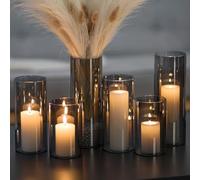 Glasseam Portacandele A Uragano in Vetro: Set di 6 Portacandele Grigio Nero per Candele A Colonna Portacandele A Cilindro Vasi per Decorazioni Portacandele Galleggianti per La Decorazione della Casa
