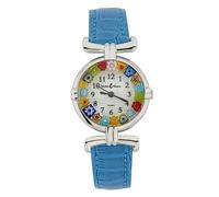 GlassOfVenice Orologio Millefiori in vetro di Murano rotondo multicolore color argento - quadrante da 1" con cinturino azzurro da donna - fatto a mano in Italia