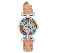 GlassOfVenice Orologio Millefiori in vetro di Murano rotondo multicolore tonalità argento - quadrante da 2,5 cm con cinturino rosa pesca da donna - fatto a mano in Italia