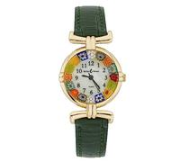 GlassOfVenice Orologio Millefiori in vetro di Murano rotondo multicolore tonalità oro - quadrante da 2,5 cm con cinturino verde bosco da donna - fatto a mano in Italia