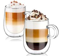 glastal 2 * 350ml Tazza Caffè Doppio Vetro Borosilicato,Bicchieri da Caffè a Doppia Parete con Manico,Tazzine Vetro Doppio per Tè, Caffè, Latte, Cappuccino, Espresso, Succo