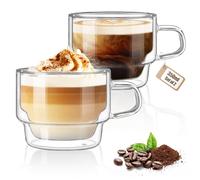 glastal 350 ml Tazza da Caffè in Doppio Vetro Impilabile Tazzine Caffe Set di 2 Bicchieri Tazze in Vetro Doppia Parete con Manico per Tè, Latte Macchiato, Cappuccino, Regalo di Compleanno Natale