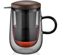 glastal 430ml (Piena Capacità) Tazza da Tè in Vetro Nero a Doppia Parete con Filtro in Metallo, Tazza da Tè in Vetro Borosilicato con Manico, per Tè Nero, tè Verde, Tè alla Frutta