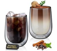 glastal Tazze in Vetro Nero Uniche - 2x350ml Tazza da Caffè in Doppio Vetro Bicchieri da Caffè a Doppia Parete per Tè, Latte,Cappuccino,Regalo di Compleanno per un Amico dei Genitori - 2024 Nuovo