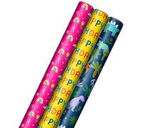 Glattol Hallmark Kids Birthday Wrapping Paper (3 Rolls: 75 sq. ft. ttl) Pink Rainbows, Blue Dinosaurs, Yellow "Happy Birthday"