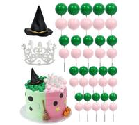 Glavatrix 42 decorazioni per torta di compleanno a tema strega, palloncini verdi e rosa, decorazioni per torte, corone da principessa e cappelli da strega, set per torte e celebrazioni di compleanno