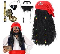 Glazeal Set di accessori per parrucca da pirata unisex, parrucca lunga nera riccia con dreadlock, benda per gli occhi, fascia rossa, barba, monoculare, bussola, costume da pirata per Halloween da