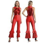 GLDFW - Tuta da donna con paillettes lucide, senza maniche, colletto rovesciato, cerniera con strass sul davanti, body a campana a strati