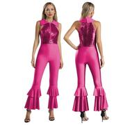 GLDFW - Tuta da donna con paillettes lucide, senza maniche, colletto rovesciato, cerniera con strass sul davanti, body a campana a strati