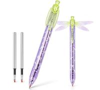 Gleaming Wings Dragonfly Pen, 0.5mm Black Ink Pen with 2 Refills (Purple) | Click-activated moving wings, quick-dry writing, translucent gradient barrel, universal refill compatibility