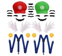 GLEEMEN Cappello Mario Luigi, Mario Bros Cappello Guanti Bretelle Baffi Finti Bottoni Accessori, per Costume Carnevale Halloween Cosplay Bambino Uomo Donna