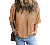 GLEENOD Maglietta da donna a maniche corte, con scollo a V, da donna, estiva, elegante, casual, oversize, con tasca, Mousse marrone, XXL