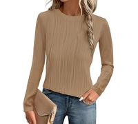 GLEENOD Pull Femme Col Rond à Manches Longues Haut Décontracté en Maille Extensible à Motif Ondulé Sweatshirt Automne, cachi, M