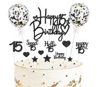 Gleevio 14 decorazioni per torta per il 15° compleanno, glitterato, nero | Decorazione per torta per il 15° compleanno, ragazza e ragazzo, decorazione per torta di compleanno 15 anni, per cupcake