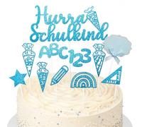 Gleevio Hurra - 20 decorazioni per torta per l'inizio della scuola, per bambini, glitterate, per l'inizio della scuola, con sacchetto di zucchero ABC 123, colore blu