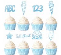 Gleevio Schulkind ABC 123 - Decorazione per torta per l'inizio della scuola, 24 pezzi, glitterati, decorazione per torta per l'inizio della scuola, balu