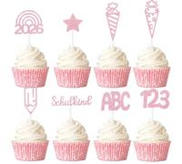 Gleevio Topper per cupcake per bambini scolastici 2026, 24 pezzi, decorazione per torta per l'inizio della scuola, rosa, per l'inizio della scuola, con sacchetto di zucchero ABC 123 per l'inizio della