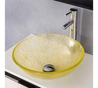 GLETSF Rubinetto Combinato per Lavabo Rotondo da Bagno con Piletta A Scomparsa in Vetro Temperato, Colore Giallo.-Yellow