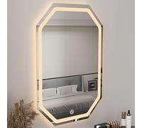 GLFNB Specchio da bagno ottagonale con illuminazione a LED a 3 colori, interruttore Smart Touch, specchio da parete senza cornice, dimmerabile all'infinito, HD/antideflagrante, IP44, specchio a LE