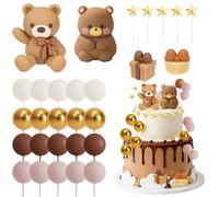 GLGHMH Set di 29 decorazioni per torte a forma di orso con palline beige marroni, topper per torta e stelle, decorazioni per torte in stile boho neutro per compleanni, rivelazioni di genere e feste in