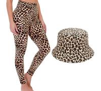 GlibberToy Donna Leggings Leopardati 2 Pezzi, Cappello da Pescatore Reversibile, Pantaloni da Yoga a Vita Alta, 3/4, Sportivi, Fitness
