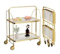 GLIESE Carrello da portata pieghevole con ruote, 2 ripiani in vetro temperato trasparente e telaio dorato, carrello portaoggetti mobile per cucina, bar, tè, vino, carrello salvaspazio