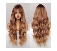 GLigeT Parrucca Donna Capelli Veri Umani Bionde Lunghe Castane con Frangia Parrucca Sintetica per Capelli Ondulati Resistente al Calore Onda d'Acqua per Donne Daliy Natural Lolita