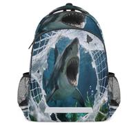 Glilade Zaino per bambini con strisce riflettenti di sicurezza | Zaino per computer portatile, leggero, casual, da viaggio, per scuola elementare (rete da pesca con squali)