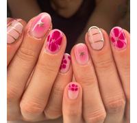 GlimmerStyle 24 Pezzi Unghie a Mandorla Rosa con Fiori,Press On Nails,Unghie Adesive,Unghie