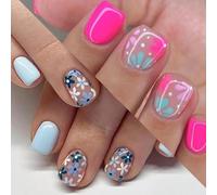 GlimmerStyle 48 Fiori Luminosi Blu-Rosa con Armatura Quadrata Corta,Press On Nails,Unghie Finte,Unghie Adesive