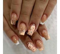 Glimmerstyle Press On Nails,24 Pezzi,Quadrati,French Bianco Rosa E Arancio Fiore Pop,Gyaru Style,Unghie Adesive,Ideali Per La Festa Di Halloween