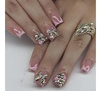 GlimmerStyle Set 24 Pezzi Unghie Finte Rosa Quadrate Francesi con Fiocco 3D, Press On Nails, Unghie Artificiali, Unghie Adesive