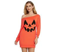 Glimnerize Abito da donna per Halloween, maniche a 3/4, con motivo a scheletro, a maniche lunghe, nero, arancione, taglie S-XXL, Orange Smiley 1, L