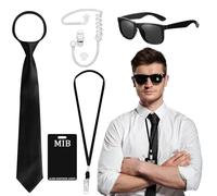 Glirop Set di accessori per costume da agente segreto, kit per travestimento con porta documenti d'identità, cravatte nere, occhiali da sole, auricolari gonfiabili, alieni verdi, per donne e uomini