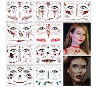 Glistenz Tatuaggi Temporanei Halloween, Tatuaggi Viso con Lacrime di Sangue e Cicatrici, Realistici, 9 Fogli, Adulti e Bambini, Resistenti all'Acqua