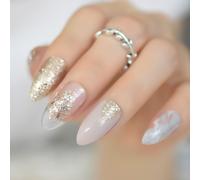 Glitter Artificiale Unghie Finte Tips 24pcs Argento Nero Oro Design Con Colla