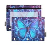Glitter blu argento Morpho farfalla rotto 3 anelli raccoglitore matita sacchetto con cerniera 2 pezzi trasparente sacchetto di immagazzinaggio forniture di cancelleria