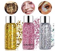 Glitter Body Gel, Hillylolly 3 Bottiglie Gel Glitterato Viso, Glitter Gel per Corpo, Glitter Gel Capelli, Glitter Gel Make Up, Glitter Gel Occhi, con Spatola, per Feste, Maschera, Carnevale