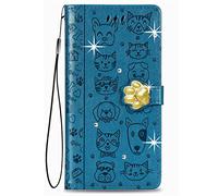 Glitter Brillantini Brillante Blu Case per Blackview Wave 9C Shell Wallet Premium PU e Glitter Brillanti Cani e Gatti imprintati 3D Strass Cover Custodia Morbido Case Libro Leather