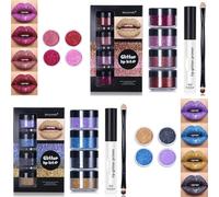 Glitter Lip Kit,4 Colors Shiny Diamond and Metallic Lip Glitter Makeup Lipstick Lip Gloss with Lip Primer and Brush,Waterproof Smudge Proof (Red+Blue)