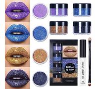 Glitter Lip Kit,4 Colors Shiny Diamond and Metallic Lip Glitter Makeup Lipstick Lip Gloss with Lip Primer and Brush,Waterproof Smudge Proof (Blue)