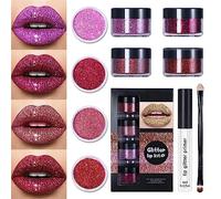 Glitter Lip Kit,4 Colors Shiny Diamond and Metallic Lip Glitter Makeup Lipstick Lip Gloss with Lip Primer and Brush,Waterproof Smudge Proof (Red)