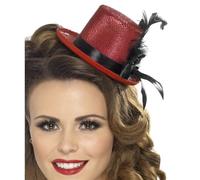 Glitter Rosso Mini Top Cappello con Piume Burlesque Show Ragazza Costume