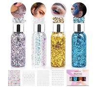 Glitter viso, 4 bottle festival glitter viso liquido gel sirena paillettes body glitter gel glitter per capelli unghie viso make up glitter adesivi per festival masquerade