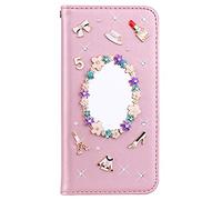 Glitters Cover Brillantini per Honor X5C PLUS 4G Oro Rosa PU Leather Flip Custodia Portafoglio with Shiny Strass Pietra di Cristallo Modello di Specchietti Retrovisori Cute Girl's Phone Handbag
