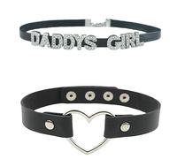 GlitterWe 2 collane girocollo in pelle punk a forma di cuore per donne di appuntamenti, collana gotica borchiata rivetto PU collare con punte, nero, regolabile carino strass Daddysgirl lettere