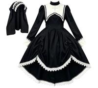 Glixoft Costume Suora Gotica Nera, Abito Lungo Nero, Velo, Copricapo, Cameriera, Suora, Anime, Giochi di Ruolo, Costumi di Halloween per Donne